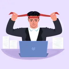 Hombre se pone una cinta roja en la cabeza, listo para afrontar el trabajo. ¡A ver qué phrasal verbs get puede usar hoy!