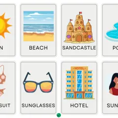 Tarjetas con vocabulario de verano: sol, playa, castillo de arena, piscina, traje de baño, gafas de sol, hotel y quemadura solar.