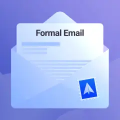 Sobre un fondo azul, un sobre blanco abierto muestra un documento con el título "Formal Email". Un sello postal con un avión de papel adorna el sobre.