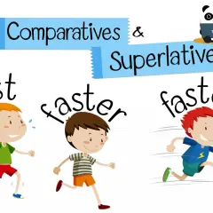 Niños corriendo: "fast", "faster", "fastest". Un panda con gafas lee sobre comparativos y superlativos en inglés.