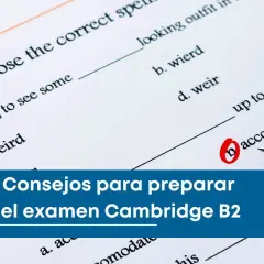 Examen Cambridge B2: hoja de preguntas con opciones marcadas y bolígrafo rojo. Consejos para la preparación de exámenes Cambridge.