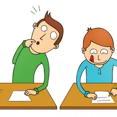 Dos estudiantes en pupitres. Uno, con expresión de sorpresa, piensa cómo aprobar un examen de inglés. El otro, concentrado, escribe.