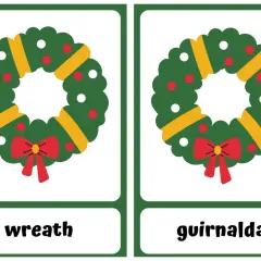 Dos tarjetas con guirnaldas verdes, rojas y amarillas, perfectas para aprender vocabulario de Navidad.
