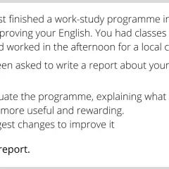 Instrucciones para escribir un report en inglés sobre un programa de estudios y trabajo en el Reino Unido, evaluando su utilidad y sugiriendo mejoras.