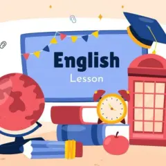 Lección de inglés con globo terráqueo, libros y un reloj. Aprende la diferencia entre say y tell para comunicarte mejor.