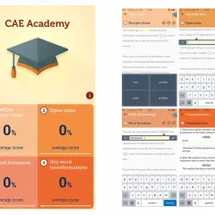 App de CAE Academy con ejercicios de **exámenes C1 Cambridge resueltos**: multiple choice, open cloze, word formation y transformation.