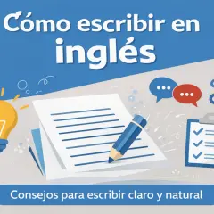 Ilustración sobre cómo hacer un writing sin saber inglés. Muestra una bombilla, papel, lápiz, bocadillos de diálogo y una lista de verificación.