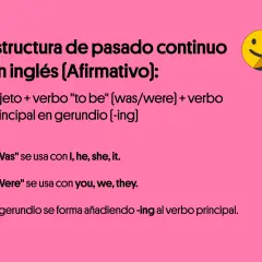 Estructura del past continuous en inglés: Sujeto + was/were + verbo con -ing. "Was" con I, he, she, it. "Were" con you, we, they.