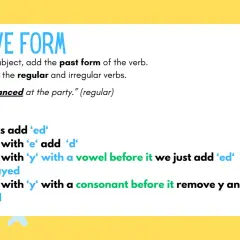 Apuntes sobre el past simple: cómo formar verbos regulares añadiendo 'ed', 'd' o 'ied' según la terminación.