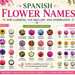 Un póster educativo con nombres de flores en español e inglés, mostrando diversas flores como rosas, tulipanes y girasoles. Aprende sobre "flores" y su vocabulario.