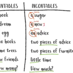 Lista de sustantivos contables e incontables. Ejemplos como "sugar" (azúcar) son sustantivos incontables.