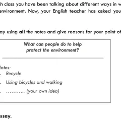 Instrucciones para escribir un ensayo sobre cómo proteger el medio ambiente, con notas sobre reciclar y usar bicicletas.