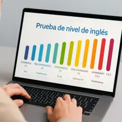 Persona realiza examen inglés americano en laptop. Muestra niveles de inglés, de elemental a avanzado.