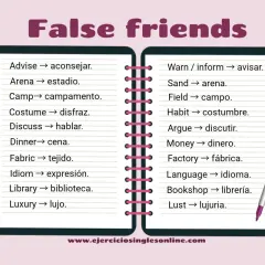 Lista de falsos amigos en inglés, como "arena" (estadio) vs "sand" (arena), para evitar confusiones al aprender.