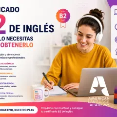 Joven sonriente con auriculares estudia inglés B2 en línea. Certificado oficial para oportunidades académicas y profesionales.