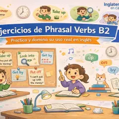 Ilustración de niños aprendiendo phrasal verbs con "off", como "put off" y "take up".