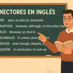 Profesor explica conectores C2 inglés en pizarra: adición, adversativos, causales, condicionales, concesivos y conclusión.