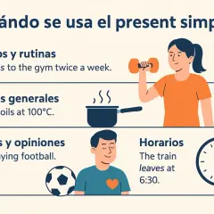 Ilustración sobre cuándo usar el presente simple, con ejemplos de hábitos, hechos, gustos y horarios.
