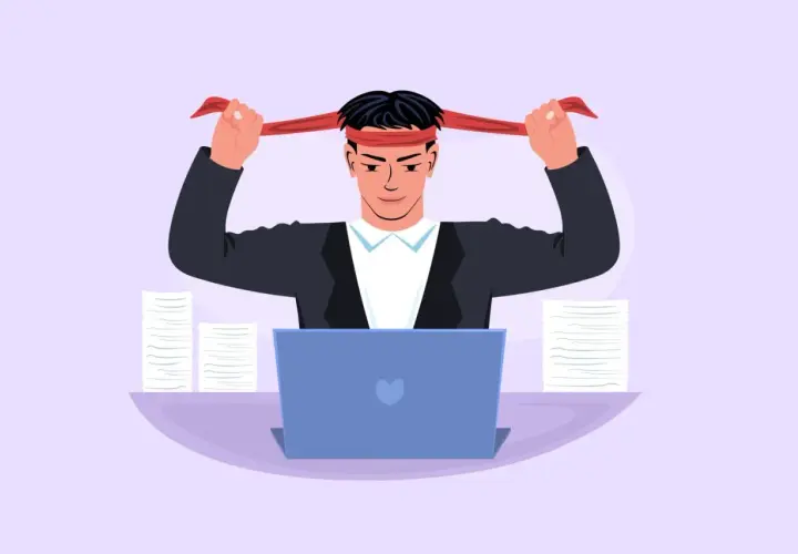 Hombre se pone una cinta roja en la cabeza, listo para afrontar el trabajo. ¡A ver qué phrasal verbs get puede usar hoy!
