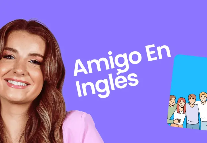 Una mujer sonríe junto a un grupo de amigos en un dibujo animado. El texto dice "Amigo En Inglés".