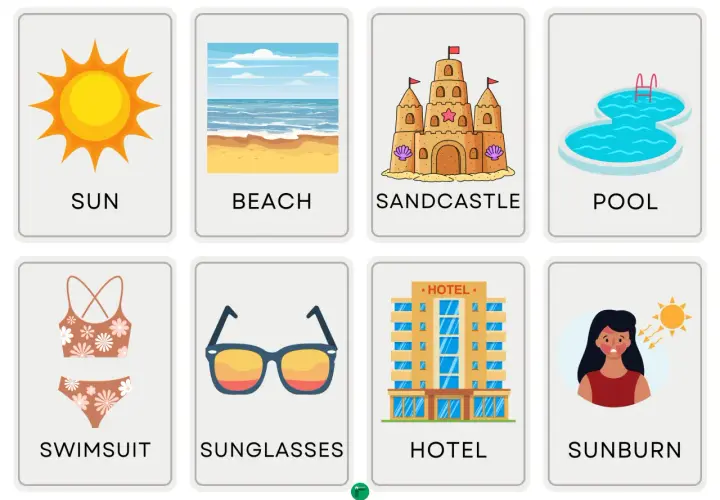 Tarjetas con vocabulario de verano: sol, playa, castillo de arena, piscina, traje de baño, gafas de sol, hotel y quemadura solar.