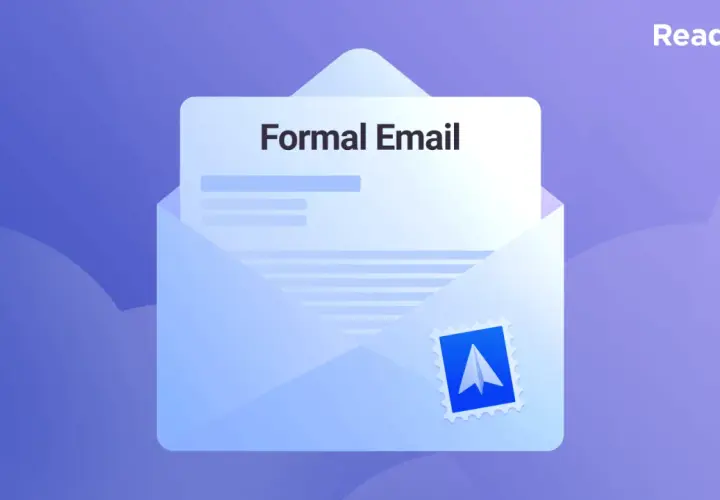 Sobre un fondo azul, un sobre blanco abierto muestra un documento con el título "Formal Email". Un sello postal con un avión de papel adorna el sobre.
