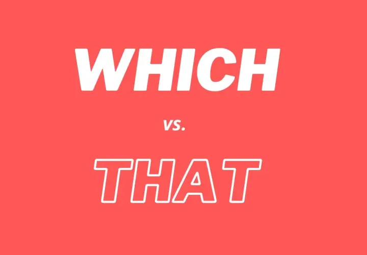 Texto blanco sobre fondo rojo: "WHICH vs. THAT". Aprende la diferencia entre which y that.
