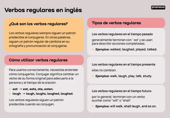 Infografía sobre verbos regulares en inglés: qué son, cómo usarlos y tipos (pasado, presente, futuro) con ejemplos.