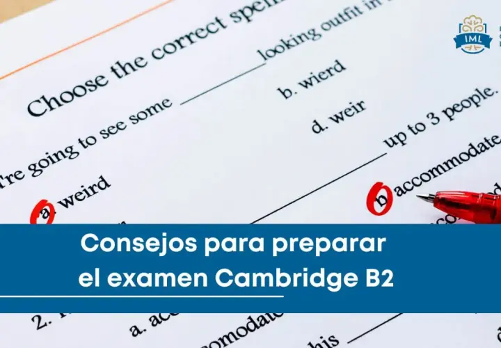 Examen Cambridge B2: hoja de preguntas con opciones marcadas y bolígrafo rojo. Consejos para la preparación de exámenes Cambridge.