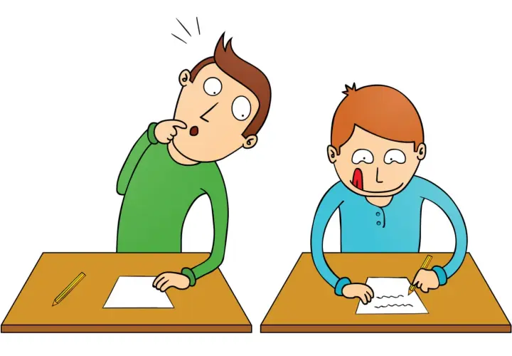 Dos estudiantes en pupitres. Uno, con expresión de sorpresa, piensa cómo aprobar un examen de inglés. El otro, concentrado, escribe.