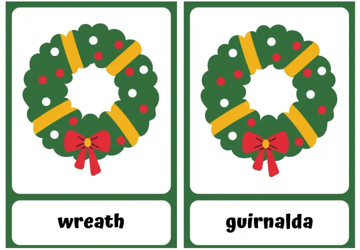 Dos tarjetas con guirnaldas verdes, rojas y amarillas, perfectas para aprender vocabulario de Navidad.