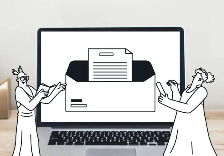 Dos figuras de estilo antiguo interactúan con una pantalla de portátil que muestra un sobre abierto con un documento. El asunto de email en inglés es clave para entender la comunicación.