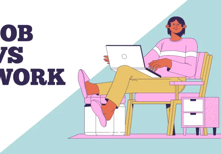 Persona relajada en silla con laptop, explorando la diferencia entre job y work.