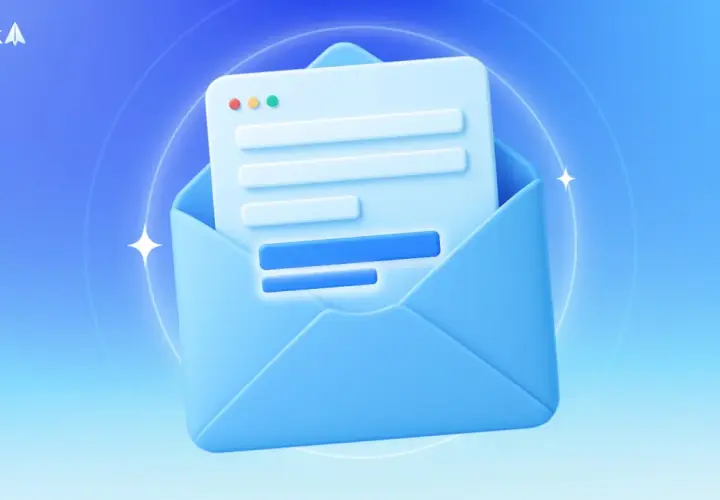 Sobre un fondo azul degradado, un sobre azul abierto revela un documento con líneas de texto, simulando un correo electrónico. El logo de Spark aparece en la esquina superior izquierda.