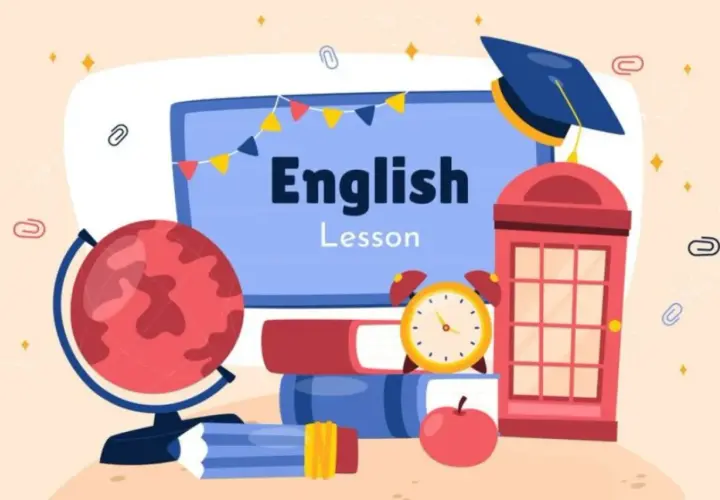 Lección de inglés con globo terráqueo, libros y un reloj. Aprende la diferencia entre say y tell para comunicarte mejor.