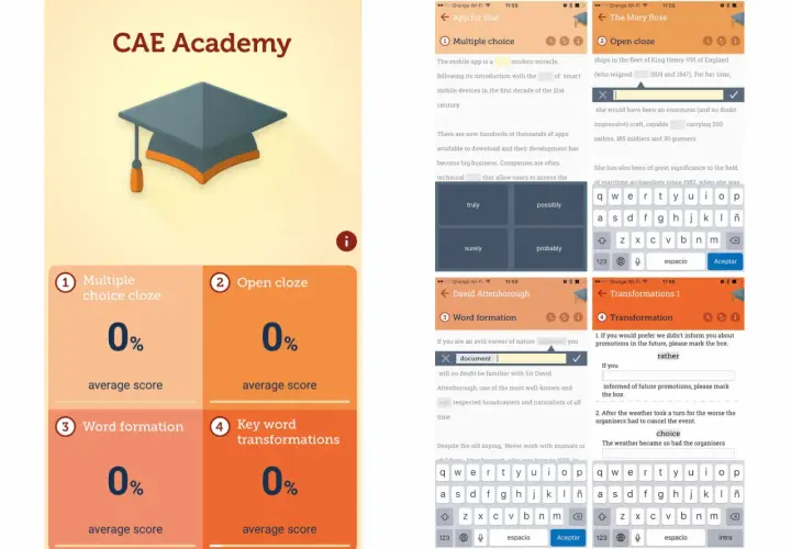 App de CAE Academy con ejercicios de **exámenes C1 Cambridge resueltos**: multiple choice, open cloze, word formation y transformation.
