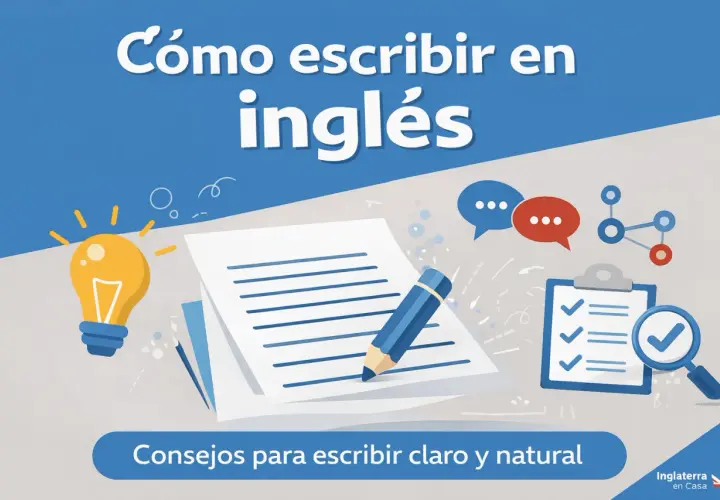 Ilustración sobre cómo hacer un writing sin saber inglés. Muestra una bombilla, papel, lápiz, bocadillos de diálogo y una lista de verificación.