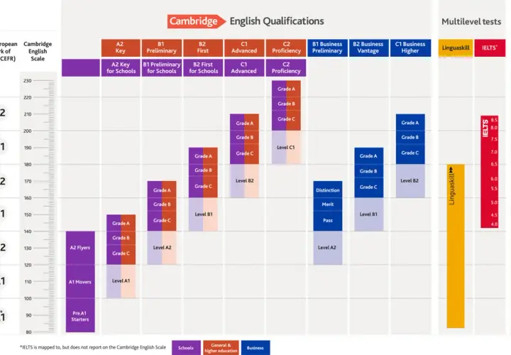 Tabla de niveles de inglés Cambridge. Muestra la equivalencia entre el Marco Común Europeo y los exámenes, ideal como nota para aprobar el First.