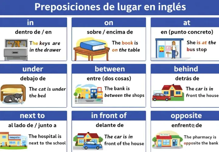 Tabla de preposiciones en inglés B1: "in" (dentro), "on" (sobre), "at" (en punto concreto), "under" (debajo), "between" (entre), "behind" (detrás), "next to" (al lado), "in front of" (delante), "opposite" (enfrente).