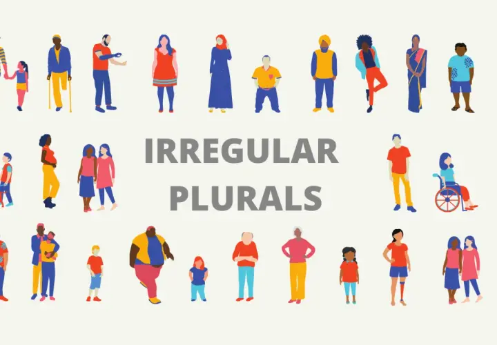 Un grupo diverso de personas, desde niños hasta ancianos, con y sin discapacidades, ilustra el concepto de plurales irregulares en inglés.