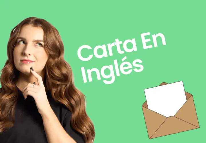 Mujer pensativa junto a un sobre abierto con una hoja en blanco. Texto: "Carta En Inglés".