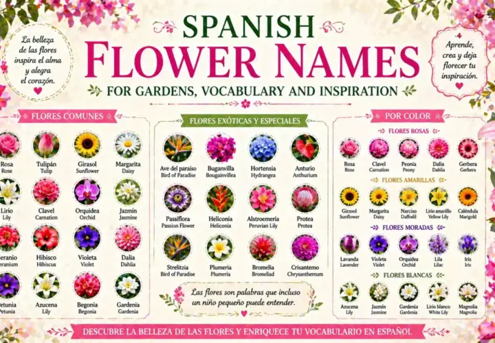 Un póster educativo con nombres de flores en español e inglés, mostrando diversas flores como rosas, tulipanes y girasoles. Aprende sobre "flores" y su vocabulario.