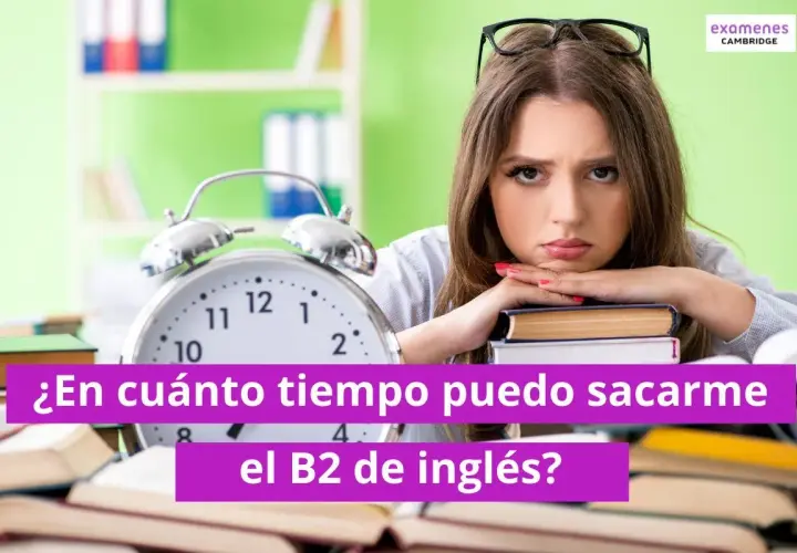 Joven preocupada mira un reloj y libros, preguntándose: "¿En cuánto tiempo puedo sacarme el B2 de inglés?".