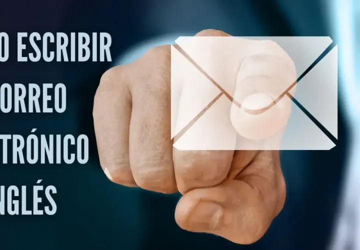 Cómo escribir un correo electrónico en inglés. Mano mostrando un sobre, con texto y logo de Crown Language Services.