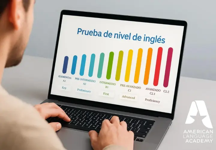 Persona realiza examen inglés americano en laptop. Muestra niveles de inglés, de elemental a avanzado.