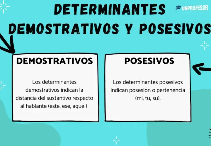 Tipos de determinantes y pronombres: demostrativos (indican distancia) y posesivos (indican pertenencia).