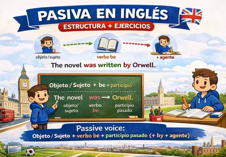 Ilustración explica la **passive estructura** en inglés con ejemplos visuales y texto. Muestra cómo transformar oraciones activas a pasivas.