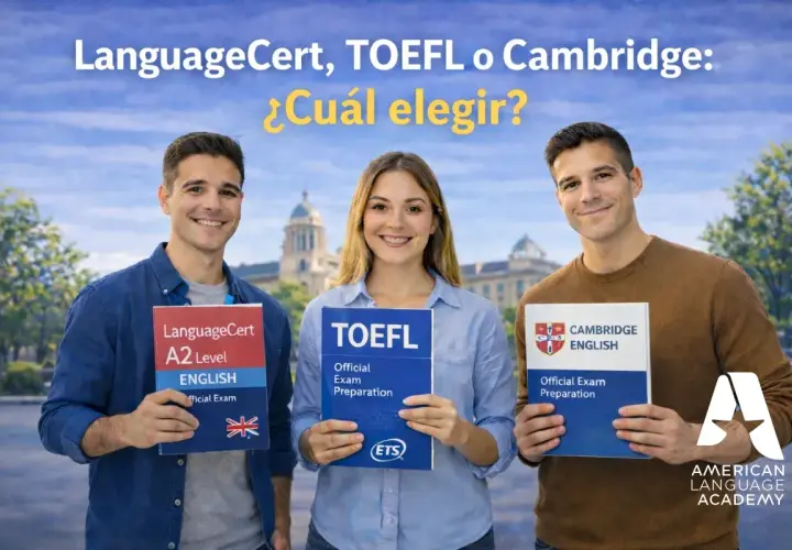 Tres jóvenes sonríen mostrando libros de preparación para exámenes de inglés: LanguageCert, TOEFL o Cambridge.