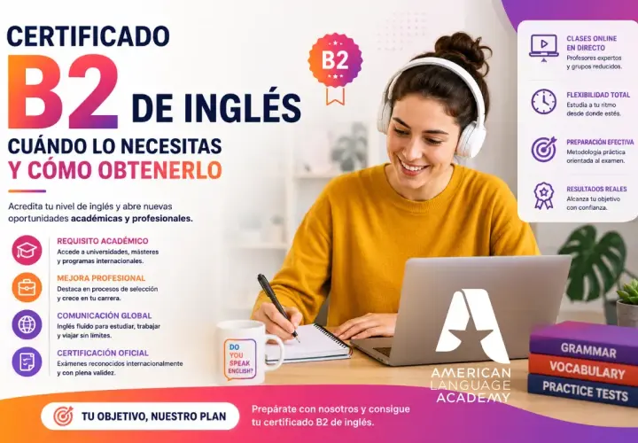Joven sonriente con auriculares estudia inglés B2 en línea. Certificado oficial para oportunidades académicas y profesionales.