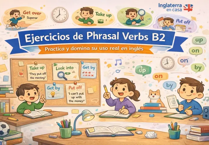 Ilustración de niños aprendiendo phrasal verbs con "off", como "put off" y "take up".